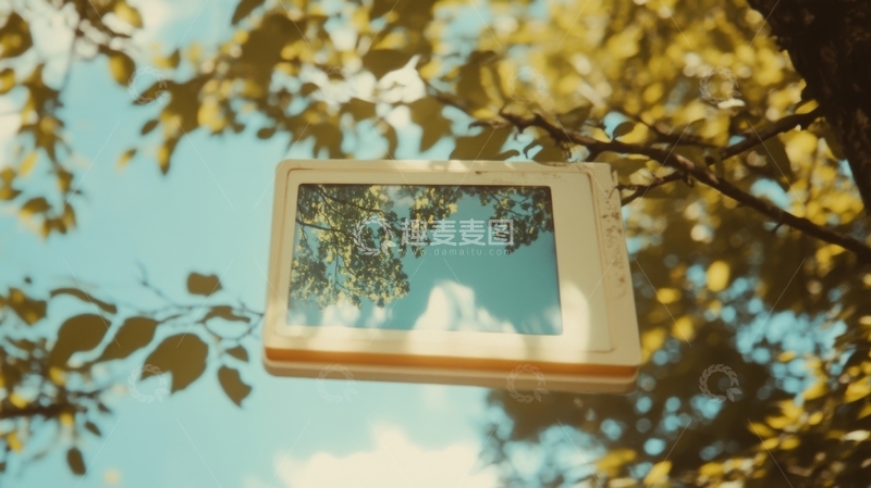 高清大图下载【趣麦麦图】树间悬挂的旧电视，播放自然景象