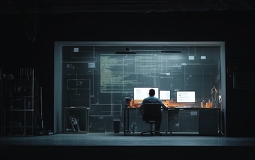 暗室中专注工作的程序员