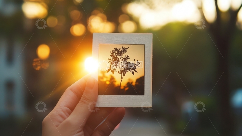 高清大图下载【趣麦麦图】手握相纸，夕阳映衬植物剪影