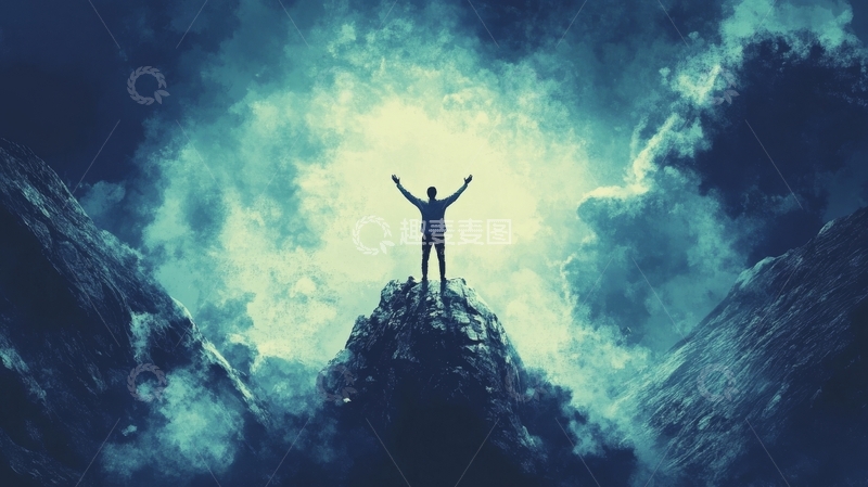 高清大图下载【趣麦麦图】山顶之人，双臂高举迎风