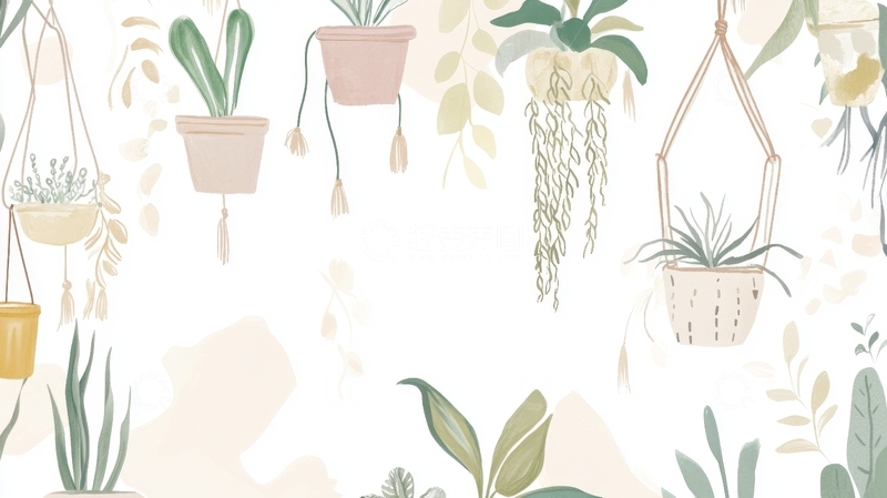 高清大图下载【趣麦麦图】悬挂植物墙绘插画