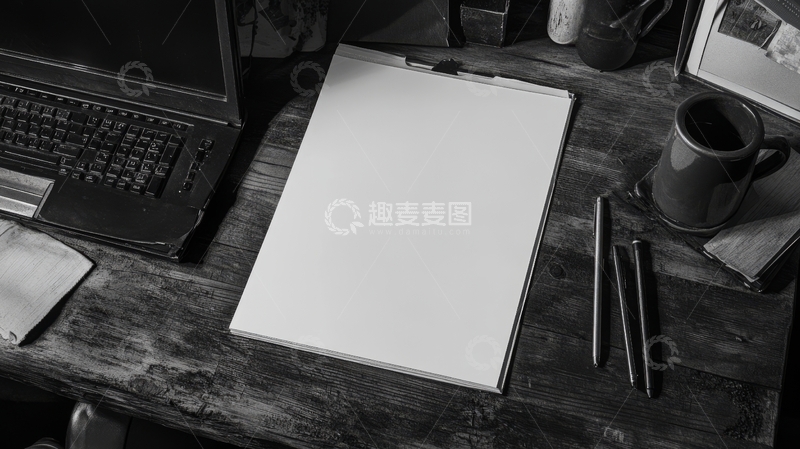高清大图下载【趣麦麦图】黑白工作台上的空白画板与文具