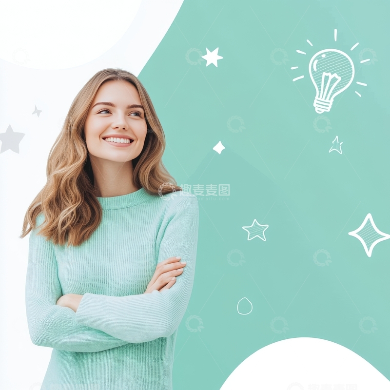 高清大图下载【趣麦麦图】微笑女子站在创意背景前