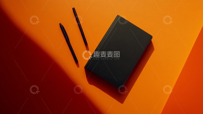 高清大图下载【趣麦麦图】橙色背景上的黑色笔记本与笔