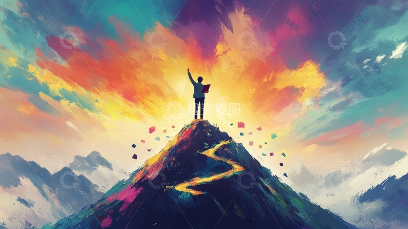 高清大图下载【趣麦麦图】山顶人物仰望天空，彩色纸片飘扬