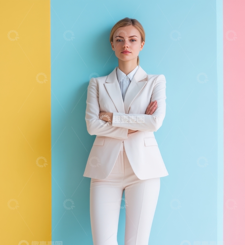 高清大图下载【趣麦麦图】穿白色西装的女性站在彩色背景前