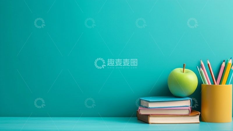 高清大图下载【趣麦麦图】书本、苹果与文具的静物组合