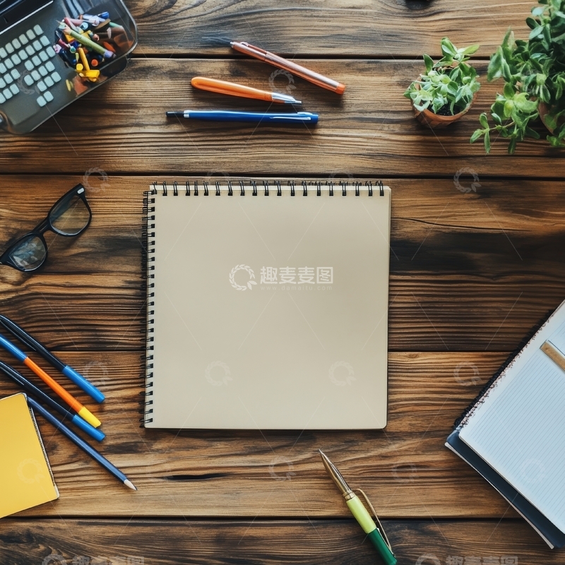 高清大图下载【趣麦麦图】木质桌面上的空白笔记本和文具