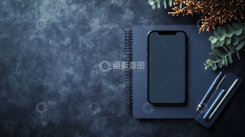 高清大图下载【趣麦麦图】深色桌面的手机、笔记本与文具