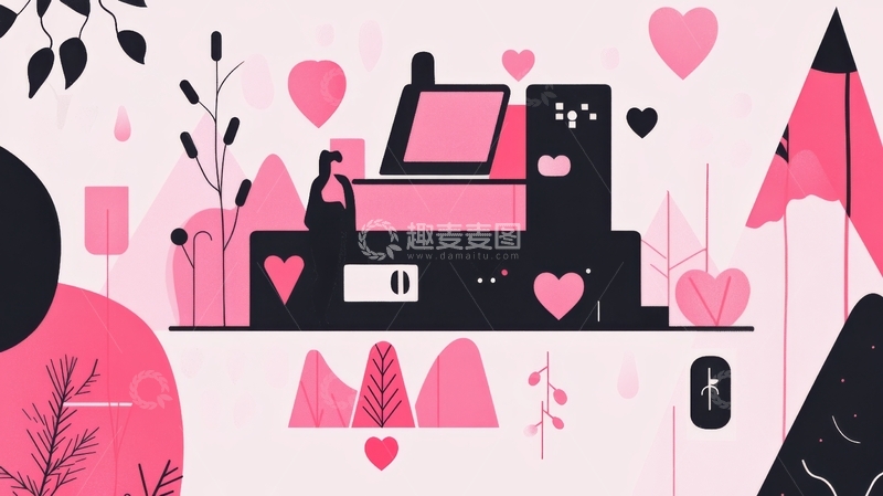 高清大图下载【趣麦麦图】粉色主题的复古打字机与心形装饰