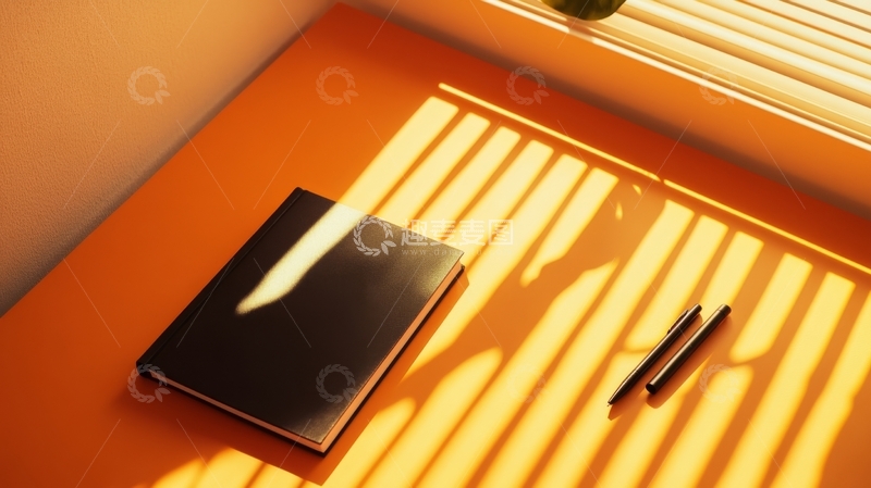 高清大图下载【趣麦麦图】阳光透过百叶窗洒在桌上的笔记本和笔