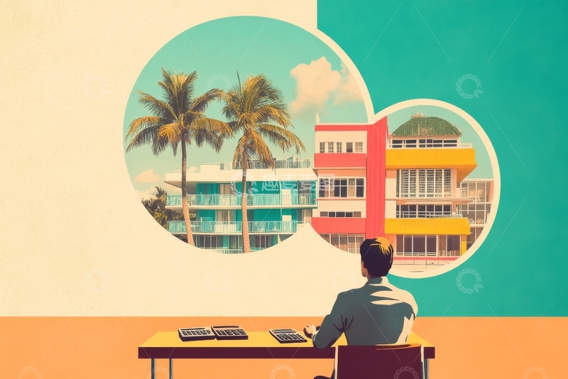 高清大图下载【趣麦麦图】办公桌前的热带风景遐想