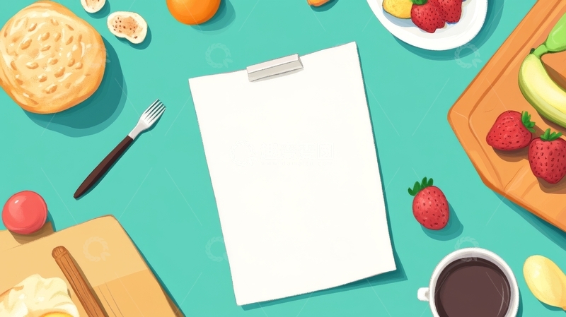 高清大图下载【趣麦麦图】早餐食材与空白纸张的桌面布局