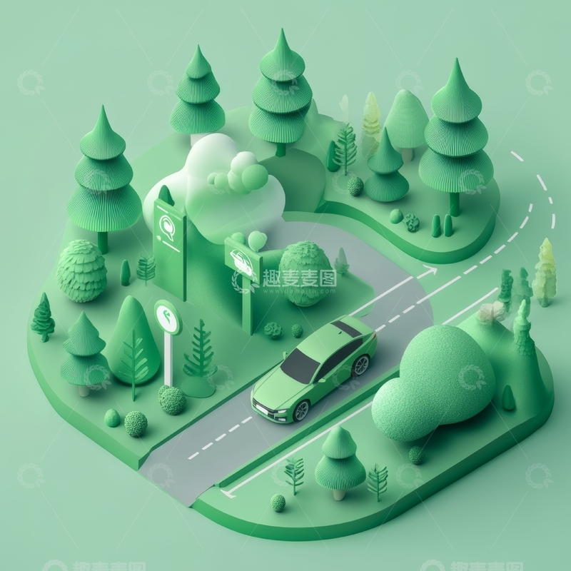高清大图下载【趣麦麦图】绿色森林中的环保汽车行驶图