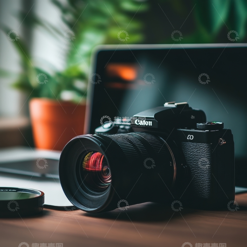 高清大图下载【趣麦麦图】桌面摆放的相机与笔记本电脑