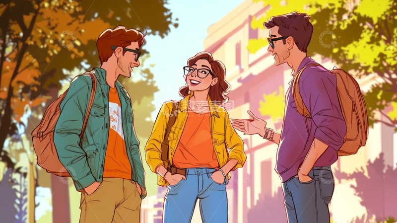 高清大图下载【趣麦麦图】校园外的三人交谈