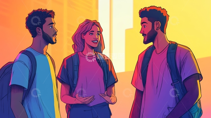 高清大图下载【趣麦麦图】三人交谈，背景温暖色调