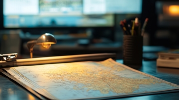 办公桌上的地图与台灯