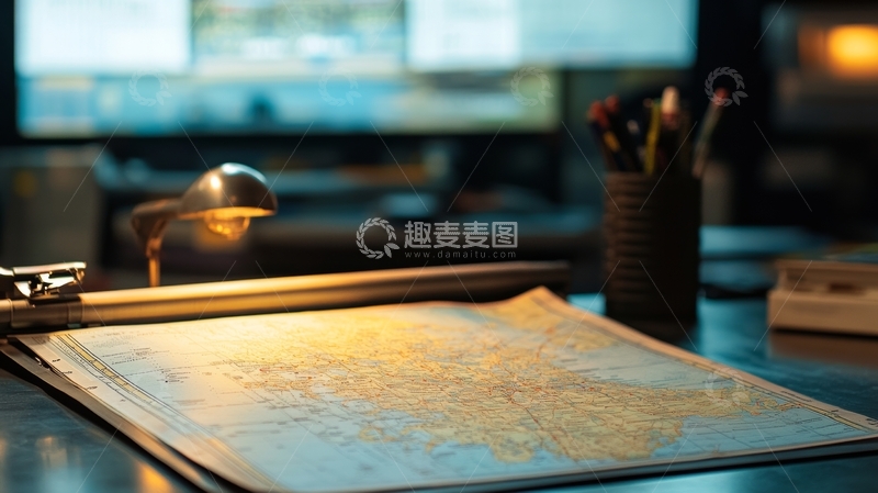 高清大图下载【趣麦麦图】办公桌上的地图与台灯