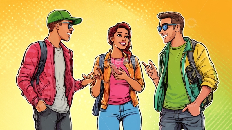 高清大图下载【趣麦麦图】三人交谈，色彩鲜艳的街头场景