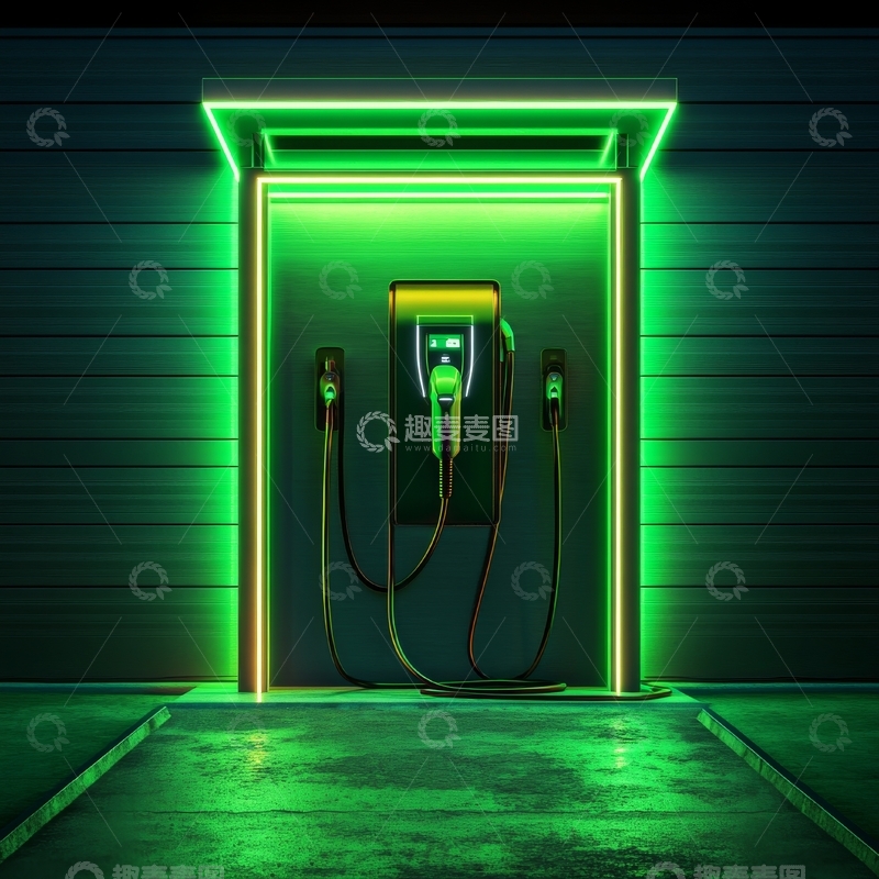 高清大图下载【趣麦麦图】绿色霓虹灯下的电动汽车充电站