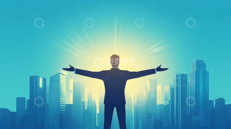 高清大图下载【趣麦麦图】城市背景中张开双臂的剪影人物