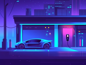 未来电动汽车充电站夜景