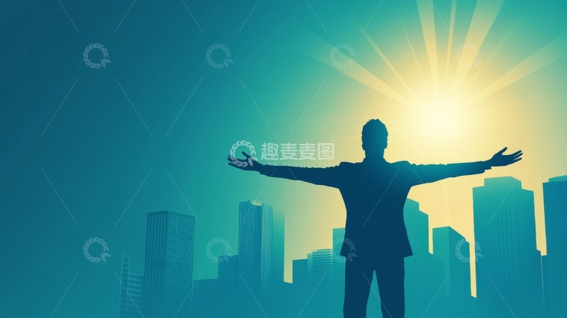 高清大图下载【趣麦麦图】城市剪影中张开双臂的人