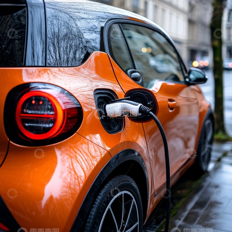 高清大图下载【趣麦麦图】橙色电动汽车正在充电