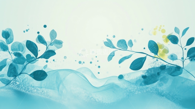 高清大图下载【趣麦麦图】蓝绿色渐变背景与抽象叶子图案