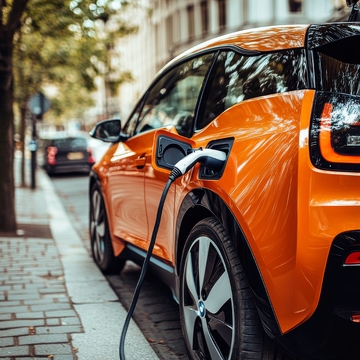 橙色电动汽车正在充电