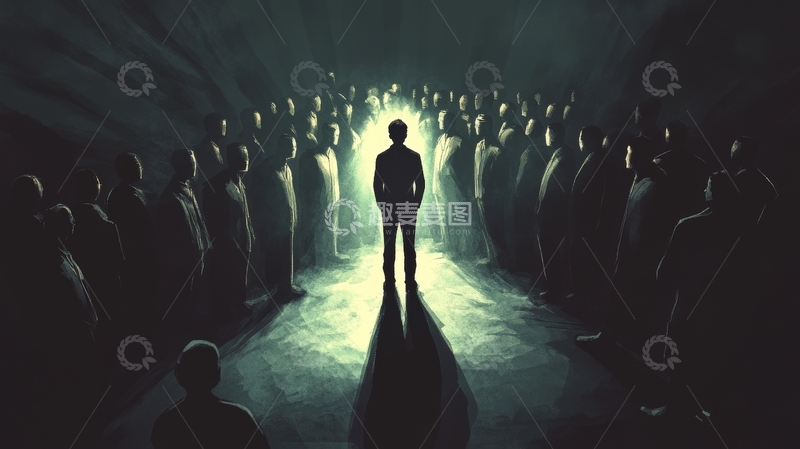 高清大图下载【趣麦麦图】众人环绕中，一人独行于光亮隧道