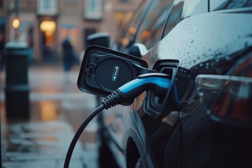 电动汽车充电，雨中街头场景