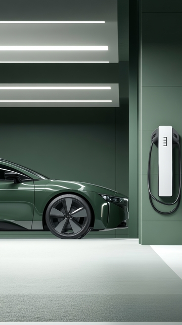 现代绿色汽车停靠在高科技车库内