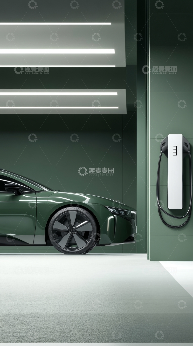 高清大图下载【趣麦麦图】现代绿色汽车停靠在高科技车库内
