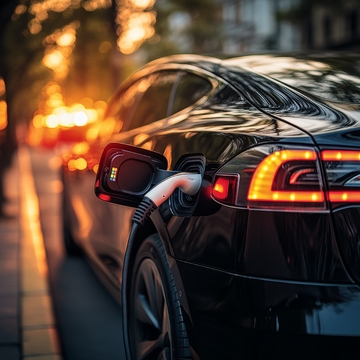 电动汽车充电，城市街道黄昏景象