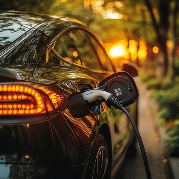 电动汽车在森林小径旁充电