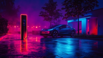 夜晚雨中电动汽车充电站