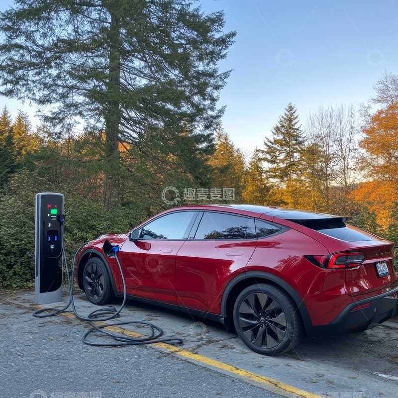 高清大图下载【趣麦麦图】红色电动车在充电站充电