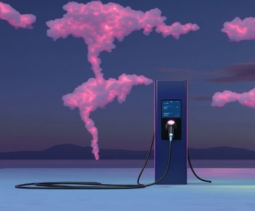 充电站与粉色云朵的梦幻场景