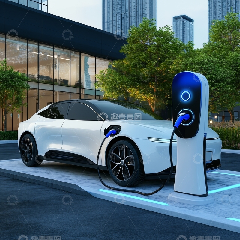高清大图下载【趣麦麦图】白色电动汽车正在充电站充电