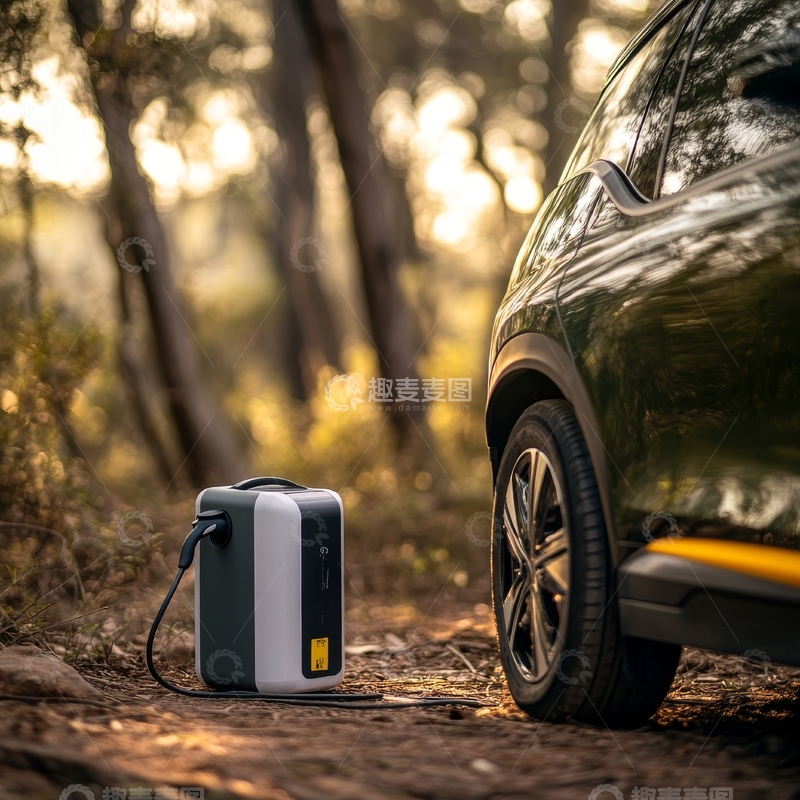 高清大图下载【趣麦麦图】便携电源连接电动汽车，户外充电场景