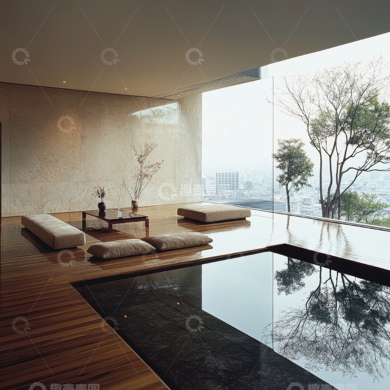 高清大图下载【趣麦麦图】现代室内设计，木质地板与水景结合