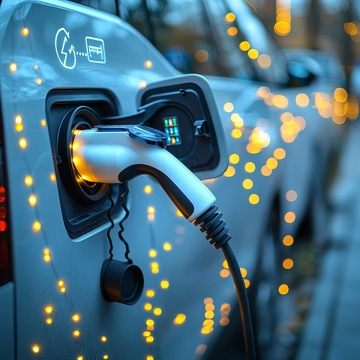 电动汽车充电，夜晚灯光点缀