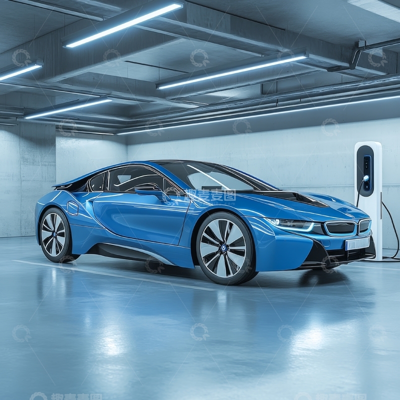 高清大图下载【趣麦麦图】蓝色电动跑车在车库充电