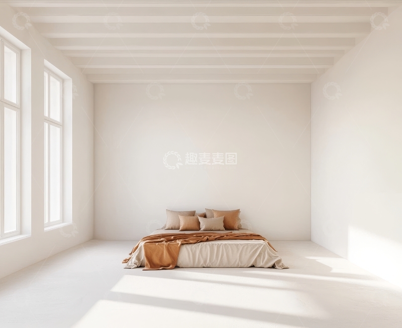 高清大图下载【趣麦麦图】简约卧室，阳光透过窗户洒在床上