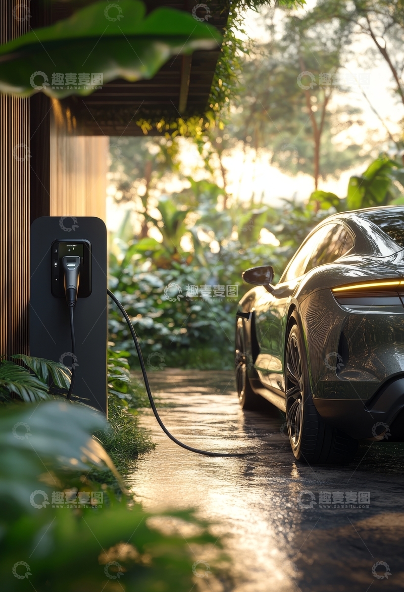 高清大图下载【趣麦麦图】电动汽车在绿植环绕的充电站充电
