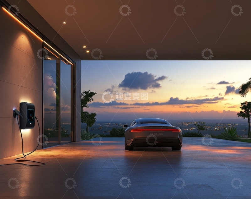 高清大图下载【趣麦麦图】电动汽车在现代住宅前充电