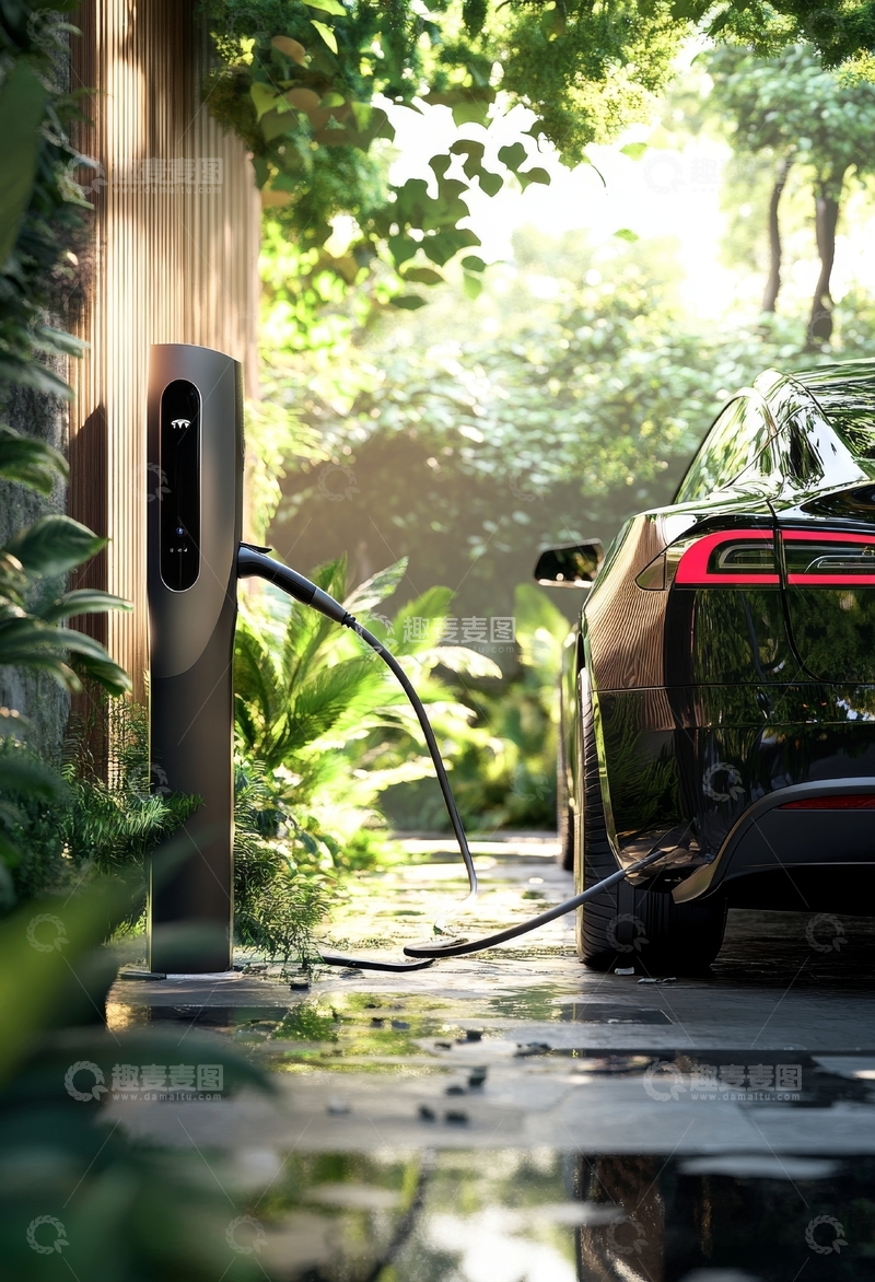 高清大图下载【趣麦麦图】电动汽车在绿意盎然的庭院中充电