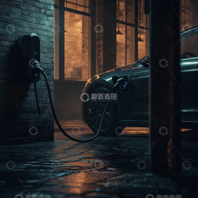 高清大图下载【趣麦麦图】电动汽车在工业风车库充电